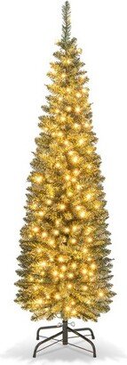 Tangkula 5FT Artificial Christmas Tree Pre-lit Pencil Xmas Tree with 296 Branch Tips 150 Warm White LED Lights