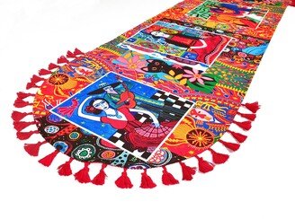 Frida Khalo Table Runner, Oval Tasselled Tabletop, Special Day Decor İdea, Colorful Dining Table, Mexican Folcloric Art Decorative Runner