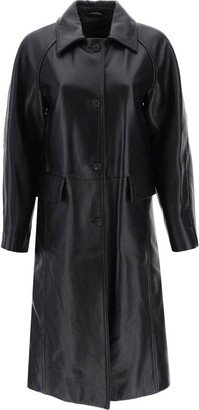 grained-leather long coat