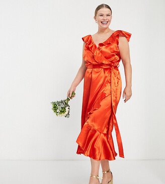 Little Mistress Plus Bridesmaid frill wrap dress in sunset orange