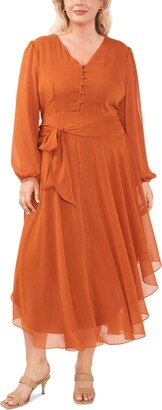 Plus Size Solid Tie-Waist V-Neck Maxi Dress