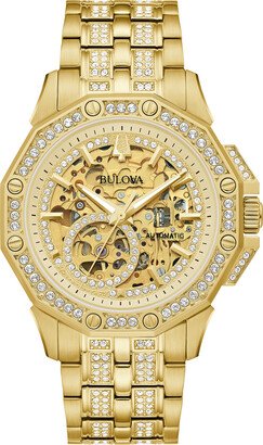 Men's Bulova Octava Crystal Accent Gold-Tone Automatic Watch with Gold-Tone Skeleton Dial (Model: 98A292)