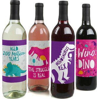 Big Dot Of Happiness Roar Dinosaur Girl - Dino Mite T-Rex Party Decor Wine Bottle Label Stickers 4 Ct