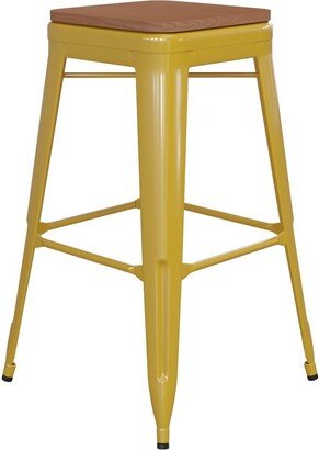 Emma+oliver Kam Backless Metal Indoor-Outdoor Stool With All-Weather Polystyrene Seat - Yellow/teak