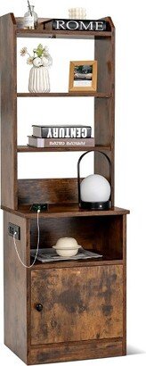 Tangkula Nightstand Bedside End Side Table Bookshelf w/ Charging Station Rustic Brown