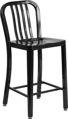 Merrick Lane 24 Inch Black Galvanized Steel Indoor/Outdoor Counter Bar Stool With Slatted Back And Powder Coated Finish