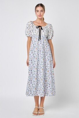 Women's Floral Print Puff Sleeve Midi Dress