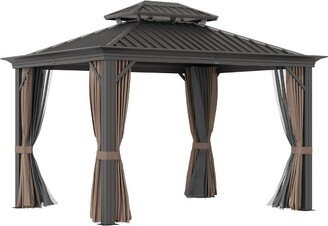 Patio Gazebo 12' x 10', Netting & Curtains, Double Vented Steel Roof, Permanent Hardtop, Ceiling Hooks, Rust Proof Aluminum Frame, Dark Brown