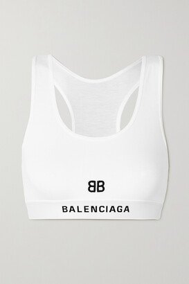 Embroidered Stretch-cotton Jersey Sports Bra - White