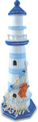 Light Blue Striped Lighthouse with Crab and Fishnet Decor - ‎4 x 4 x 12.25 inches