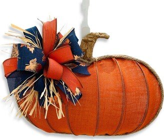 Fall Pumpkin Door Hanger, Navy Blue, Copper & Orange Pumpkin Wreath For Front