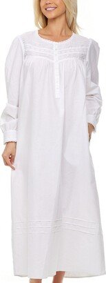 Alexander Del Rossa ADR Women' Cotton Victorian Nightgown with Pocket, Emily Long Sleeve Lace Trimmed Button Up Long Night Dre White Large