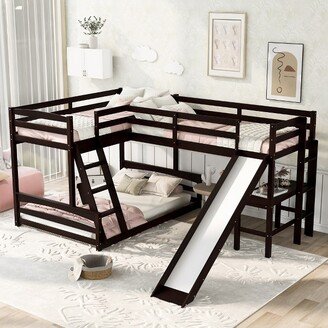 Twin over Full Bunk Bed with Twin Size Loft Bed with Desk, Slide and Full Length Rail, Espresso