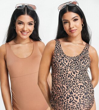 ASOS DESIGN Maternity 2 pack scoop neck swimsuit in animal print and brown