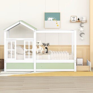 Twin Size House Bed with Roof, Window and Drawer-AA