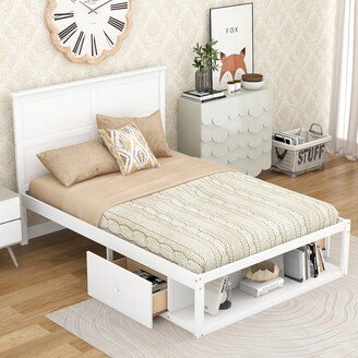 Full Size Platform Bed with Drawer on the Each Side and Shelf on the End of the Bed