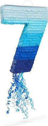 Blue Panda Number 7 Pull String Pinata for Boys 7th Birthday Party, Ombre Blue