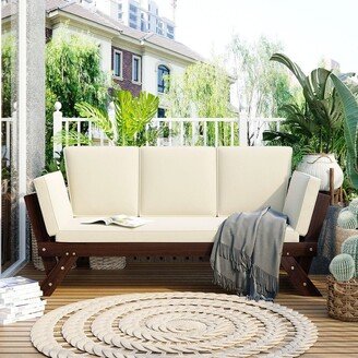 Telepassa Outdoor Patio Wooden Daybed Sofa with Cushions and Adjustable Arm for Small Places