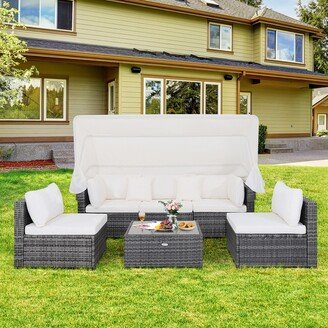 6 PCS PE Rattan Patio Furniture Set w/ Tempered Glass Table and