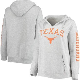 Women's Heathered Gray Texas Longhorns Plus Size Arch Logo Campus 2-Hit V-Neck Pullover Hoodie