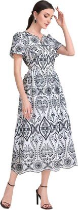 ZIOO Dresses for Women - Allover Print Notched Neckline Puff Sleeve Dress (Color : Black and White