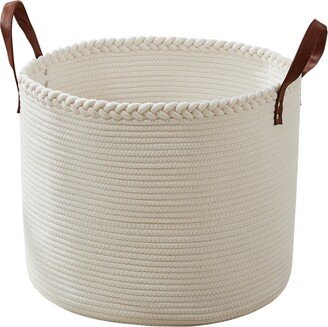 Ornavo Home Extra Large Round Cotton Rope Storage Basket Laundry Hamper with Leather Handles