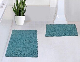 Home Weavers Inc Set of 2 Bell Flower Collection Blue Cotton Floral Pattern Tufted Bath Rug Set - Home Weavers