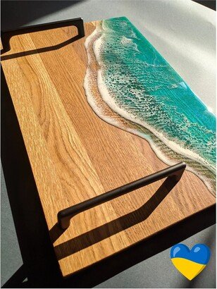 Handmade Ocean Waves Resin Art Gift Cheese Serving Board With Handles & Coasters Perfect Engagement For Couple New Home