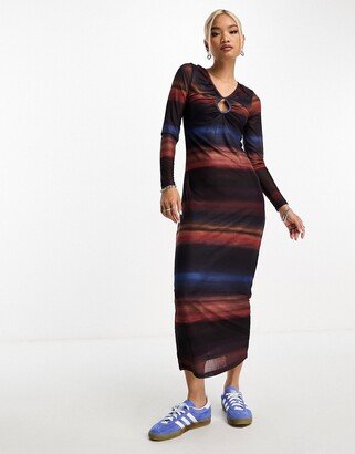 keyhole detail mesh maxi dress in multi ombre stripe