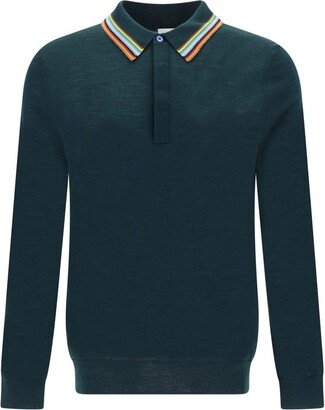 Stripe-Detailed Long Sleeved Knitted Polo Shirt