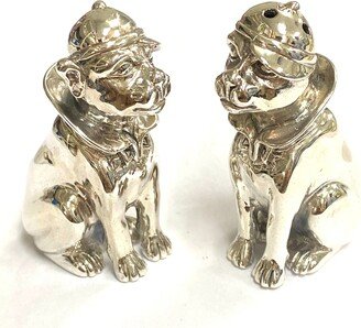 Novelty Sitting Dogs Wearing Hat Pair Salt & Pepper Shaker Pots 925 Sterling Silver