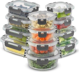 24 Piece Fluted Glass Food Storage Containers with Leakproof Lids Set - Gray