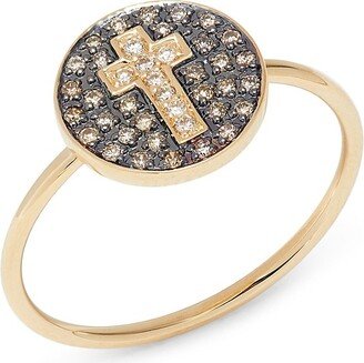 14K Yellow Gold, 0.13 TCW White & Brown Diamond Cross Medallion Ring