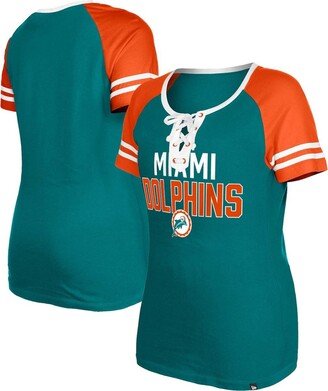 Women's Aqua Miami Dolphins Throwback Raglan Lace-Up T-shirt