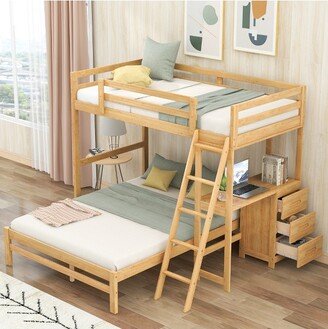 Twin over Full Bunk Bed with Built-in Desk, Ladder and Three Drawers, Natural