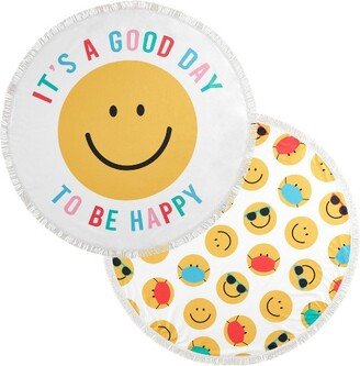 2pk Good Day To Be Happy Digital Printed Microfiber Round Beach Towels with Fringe White/Yellow