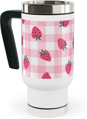 Travel Mugs: Summer Strawberry Gingham - Pink Travel Mug With Handle, 17Oz, Pink