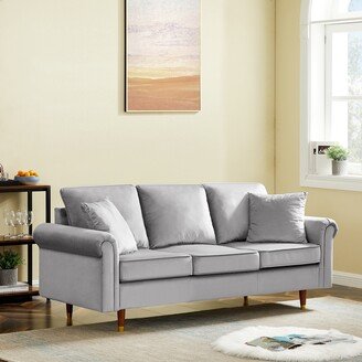 IGEMAN 74.02 Velvet 3-Seat Sofa with 2 Pillows, Soft Cushion and Wood Legs