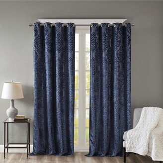 Gracie Mills Knitted Jacquard Damask Total Blackout Grommet Top Curtain Panel, Navy - 50x95 Panel