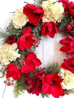 Ready To Ship - Deep Red & Cream Floral, Berry Pine Christmas Wreath For Front Door Evergreen Winter Holiday Decoration