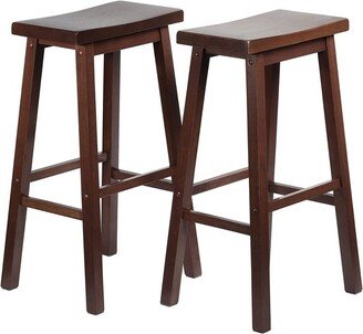 PJ Wood Classic Saddle-Seat 29 Inch Tall Kitchen Counter Stools for Homes, Dining Spaces, and Bars w/ Backless Seats, 4 Square Legs, Walnut, Set of 2