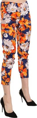 LANACAPRINA Blue Floral Print Skinny Slim Fit Trousers Women's Pants