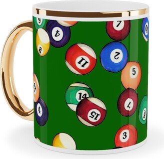 Mugs: Billiards Balls On Felt - Multicolor Ceramic Mug, Gold Handle, 11Oz, Green