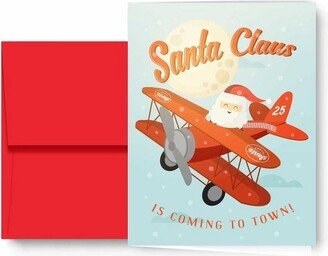 Paper Frenzy Aviator Pilot Santa in an Airplane Christmas Holiday Cards with Red Envelopes - 25 pack