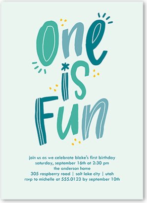 Baby's First Birthday: One Is Fun Birthday Invitation, Blue, 5X7, Luxe Double-Thick Cardstock, Square