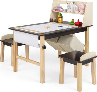 Kids Art Table & Chairs Set Wooden Drawing Desk with Paper Roll Storage Shelf Bins