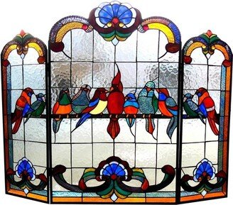 Tiffany-Style Gathering Bird Design 3-panel Fireplace Screen