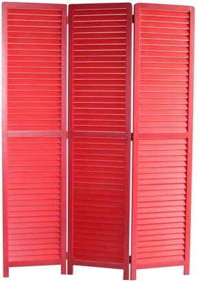 Transitional Wooden Screen with 3 Panels and Shutter Design, Red