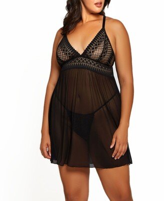 Hazel Plus Size Lace and Mesh Babydoll 2pc Lingerie Set