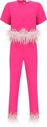 Hanae Clothes Doutzen Faux Fur Detailed Crystal Embellished Fusia Crop Blouse